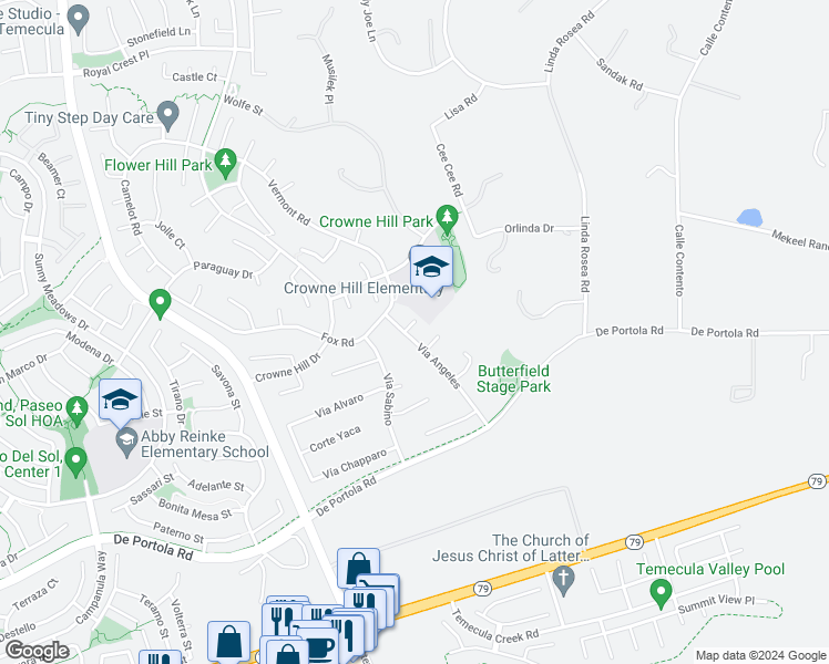 map of restaurants, bars, coffee shops, grocery stores, and more near 33451 Victoria Court in Temecula