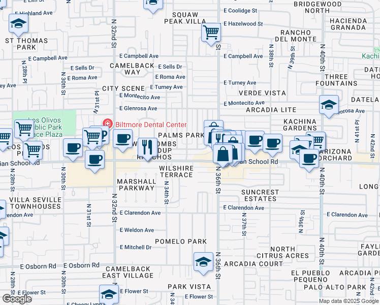 map of restaurants, bars, coffee shops, grocery stores, and more near 4133 North 35th Street in Phoenix