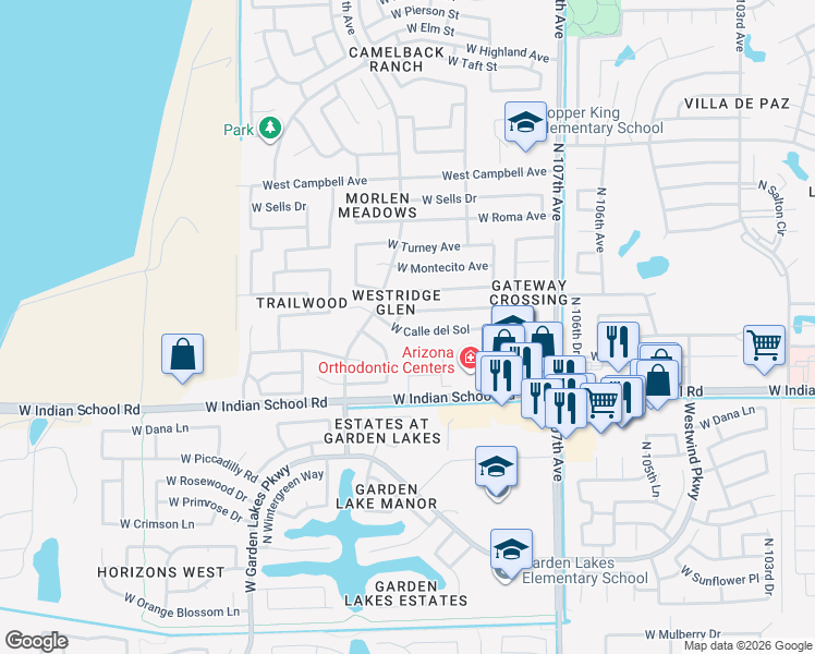 map of restaurants, bars, coffee shops, grocery stores, and more near 10930 West Heatherbrae Drive in Phoenix