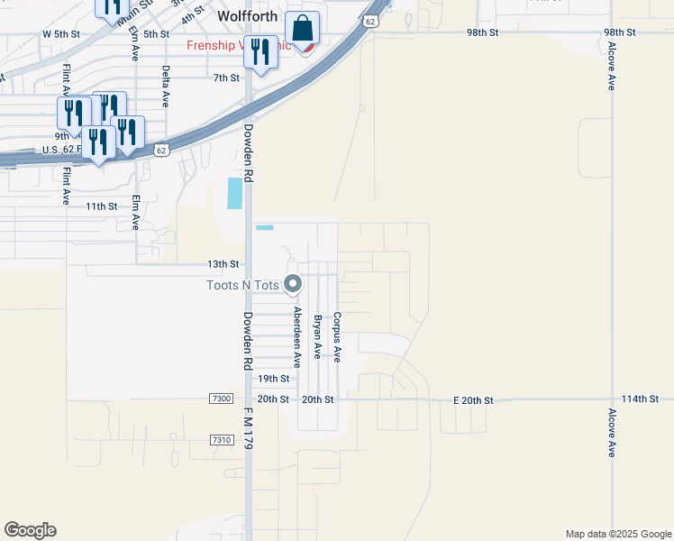 map of restaurants, bars, coffee shops, grocery stores, and more near 1313 Corpus Ave in Wolfforth