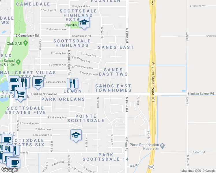 map of restaurants, bars, coffee shops, grocery stores, and more near 8703 East Mackenzie Drive in Scottsdale