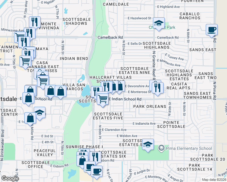 map of restaurants, bars, coffee shops, grocery stores, and more near 4153 North 81st Street in Scottsdale