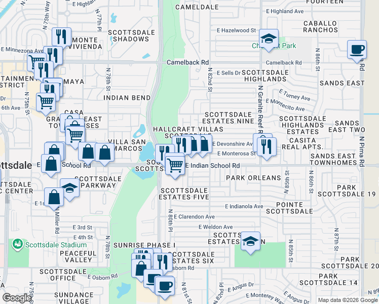 map of restaurants, bars, coffee shops, grocery stores, and more near 4153 North 81st Street in Scottsdale
