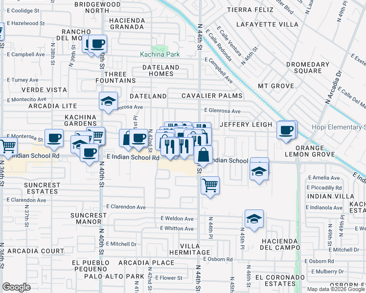 map of restaurants, bars, coffee shops, grocery stores, and more near in Phoenix