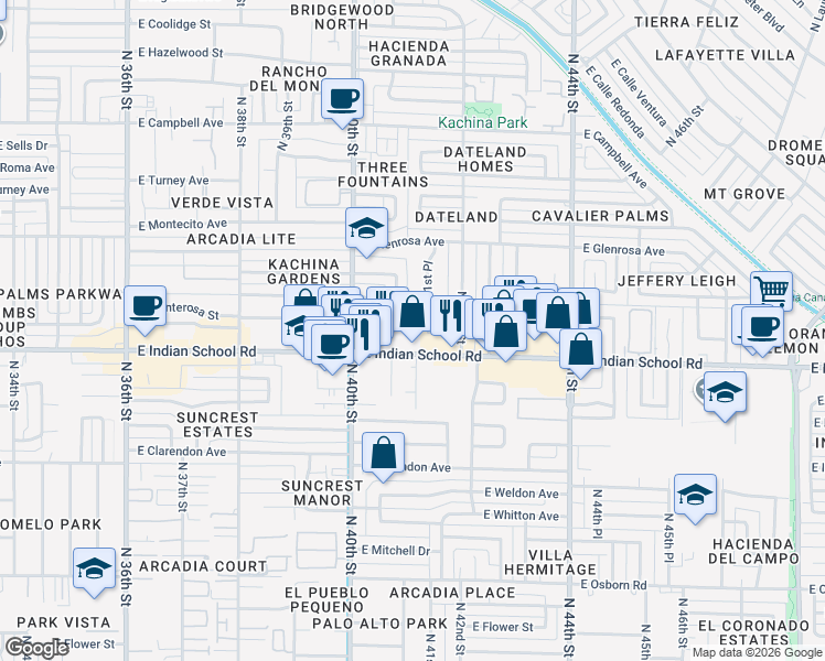map of restaurants, bars, coffee shops, grocery stores, and more near 4138 North 41st Place in Phoenix