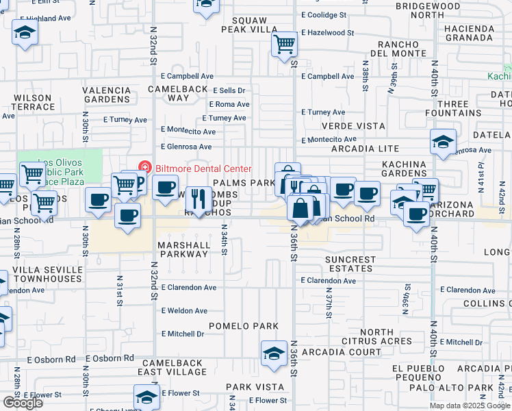 map of restaurants, bars, coffee shops, grocery stores, and more near 4133 North 35th Street in Phoenix