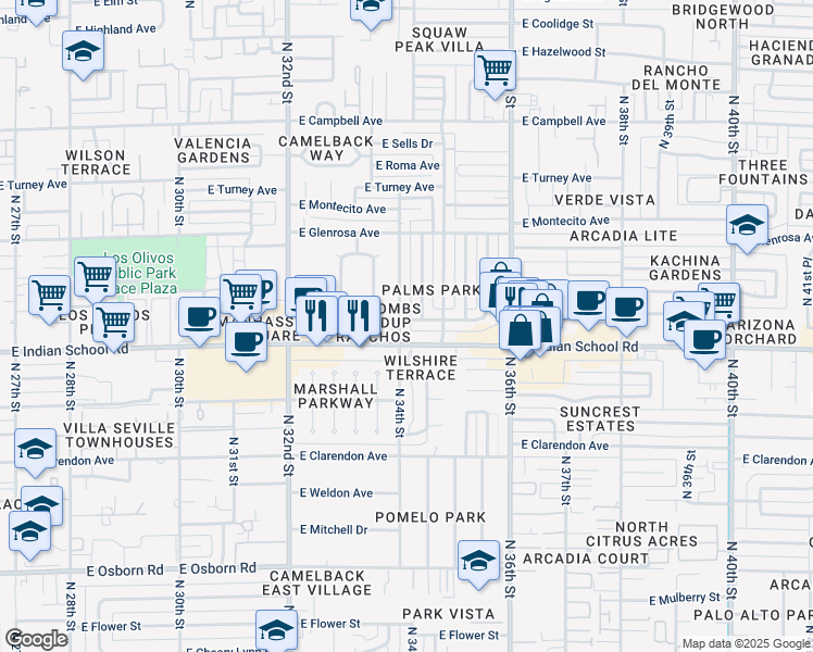 map of restaurants, bars, coffee shops, grocery stores, and more near 4132 North 34th Place in Phoenix
