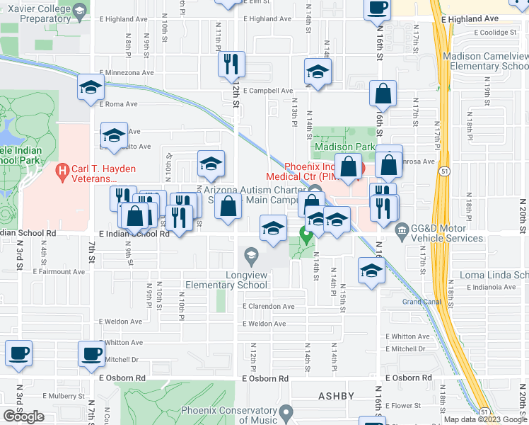 map of restaurants, bars, coffee shops, grocery stores, and more near 4150 North Longview Avenue in Phoenix