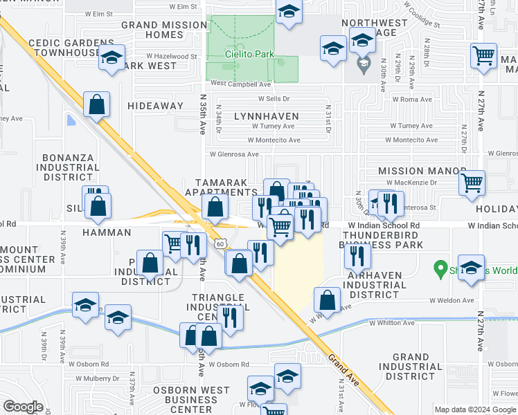 map of restaurants, bars, coffee shops, grocery stores, and more near 4139 North 33rd Drive in Phoenix