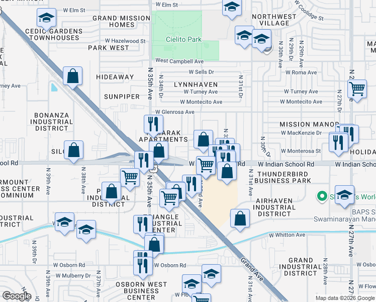 map of restaurants, bars, coffee shops, grocery stores, and more near 4139 North 33rd Drive in Phoenix