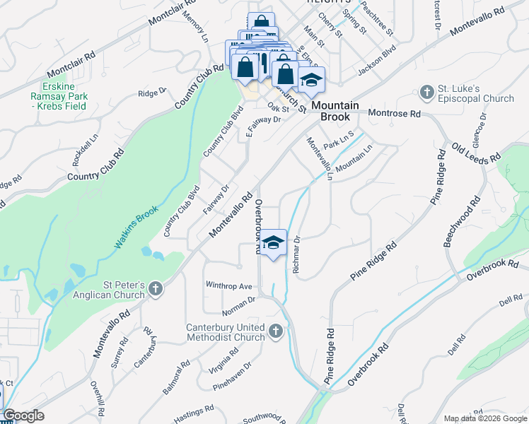 map of restaurants, bars, coffee shops, grocery stores, and more near 45 Overbrook Road in Birmingham