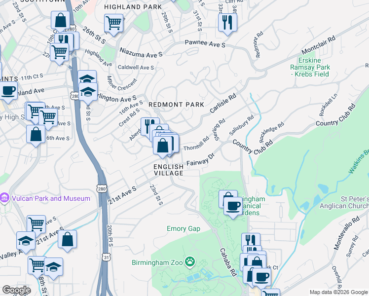 map of restaurants, bars, coffee shops, grocery stores, and more near 2821 Carlisle Road in Birmingham