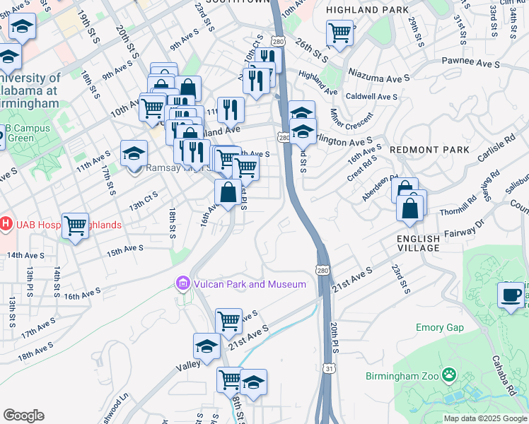 map of restaurants, bars, coffee shops, grocery stores, and more near 2152 16th Avenue South in Birmingham