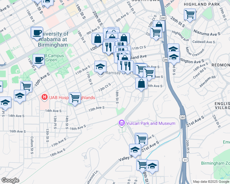 map of restaurants, bars, coffee shops, grocery stores, and more near 1901 14th Avenue South in Birmingham