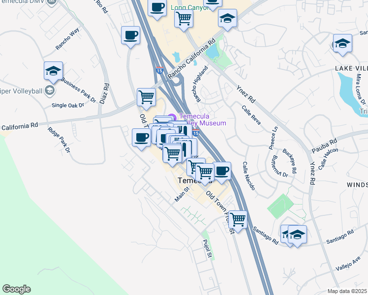 map of restaurants, bars, coffee shops, grocery stores, and more near 41874 6th Street in Temecula