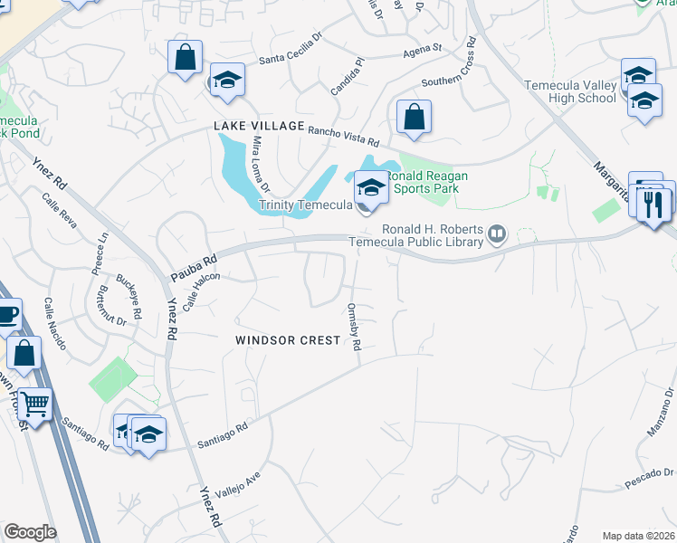 map of restaurants, bars, coffee shops, grocery stores, and more near 30466 Colina Verde Street in Temecula