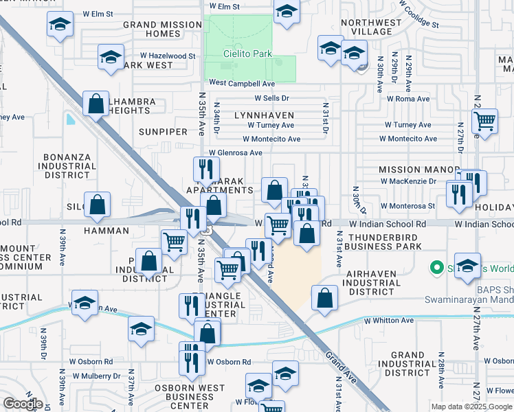 map of restaurants, bars, coffee shops, grocery stores, and more near 4139 North 33rd Drive in Phoenix