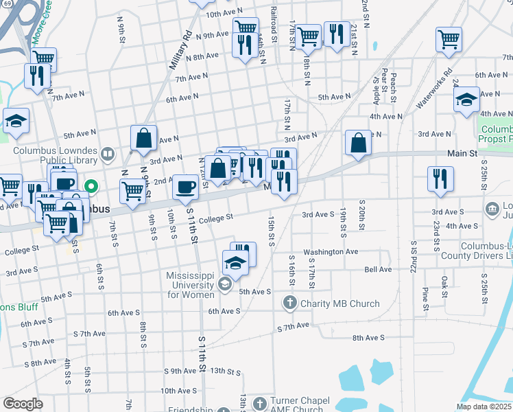map of restaurants, bars, coffee shops, grocery stores, and more near 1411 College Street in Columbus