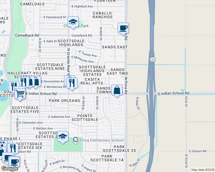 map of restaurants, bars, coffee shops, grocery stores, and more near 8703 East Mackenzie Drive in Scottsdale