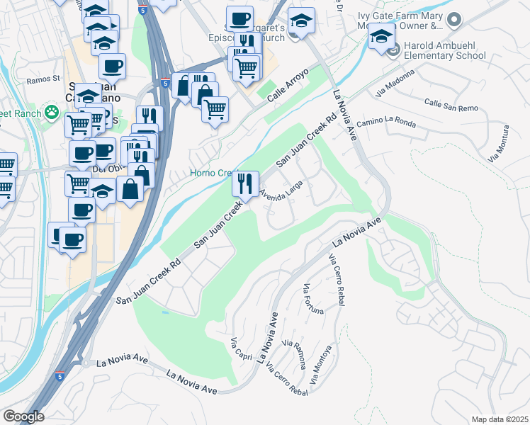 map of restaurants, bars, coffee shops, grocery stores, and more near 32141 Via Barrida in San Juan Capistrano