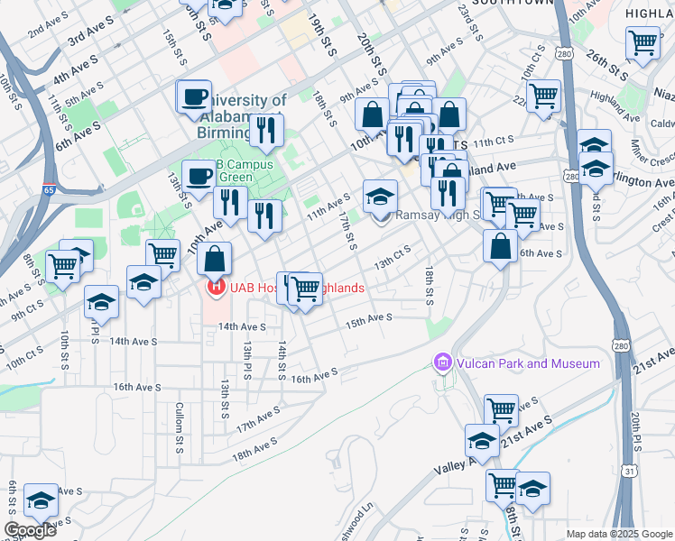 map of restaurants, bars, coffee shops, grocery stores, and more near 1220 17th Street South in Birmingham