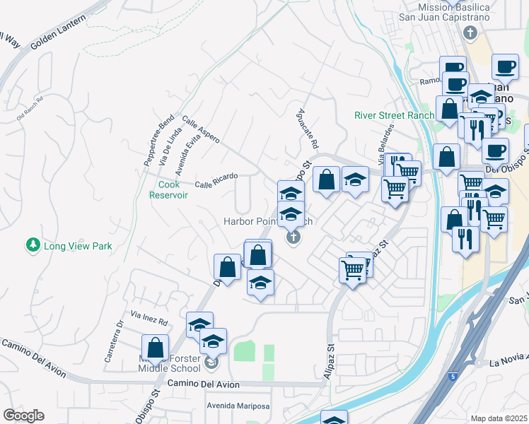 map of restaurants, bars, coffee shops, grocery stores, and more near 32151 Del Obispo Street in San Juan Capistrano