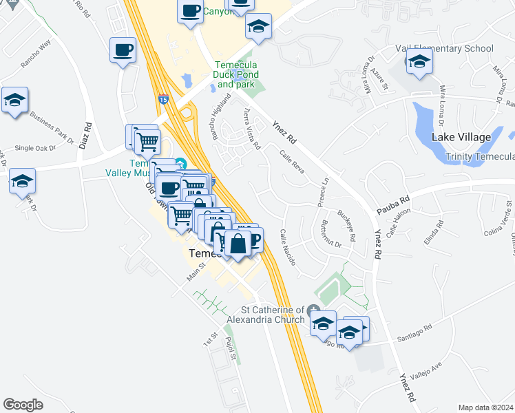 map of restaurants, bars, coffee shops, grocery stores, and more near 43075 Corte Fresca in Temecula