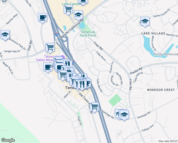 map of restaurants, bars, coffee shops, grocery stores, and more near 43075 Corte Fresca in Temecula