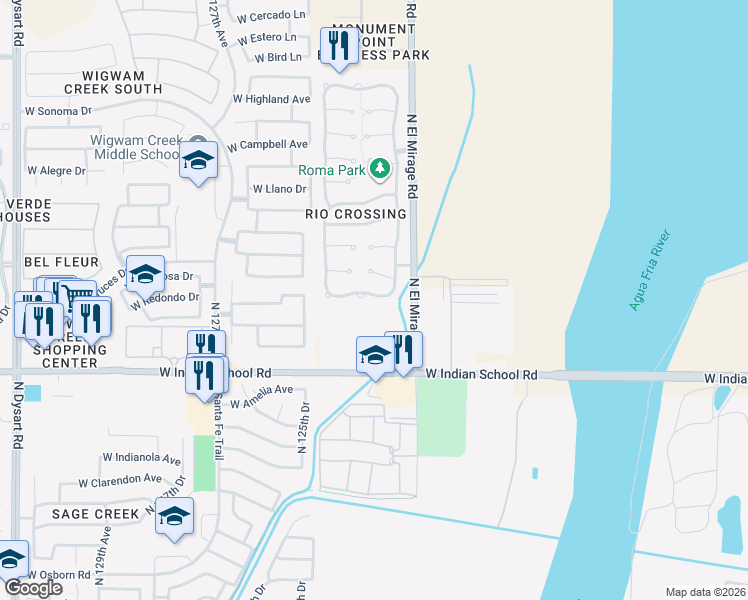 map of restaurants, bars, coffee shops, grocery stores, and more near 12347 West Devonshire Avenue in Avondale