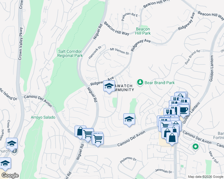 map of restaurants, bars, coffee shops, grocery stores, and more near 109 Dover Place in Laguna Niguel