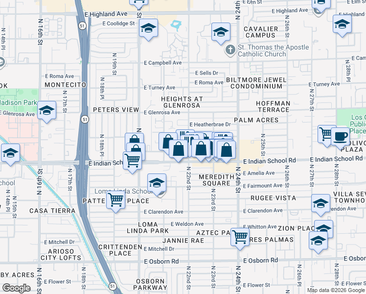 map of restaurants, bars, coffee shops, grocery stores, and more near 4112 North 22nd Street in Phoenix
