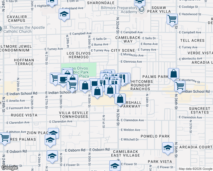 map of restaurants, bars, coffee shops, grocery stores, and more near 3134 East Indian School Road in Phoenix