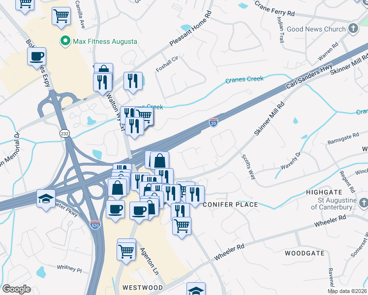 map of restaurants, bars, coffee shops, grocery stores, and more near 40 Eagle Pointe Court in Augusta