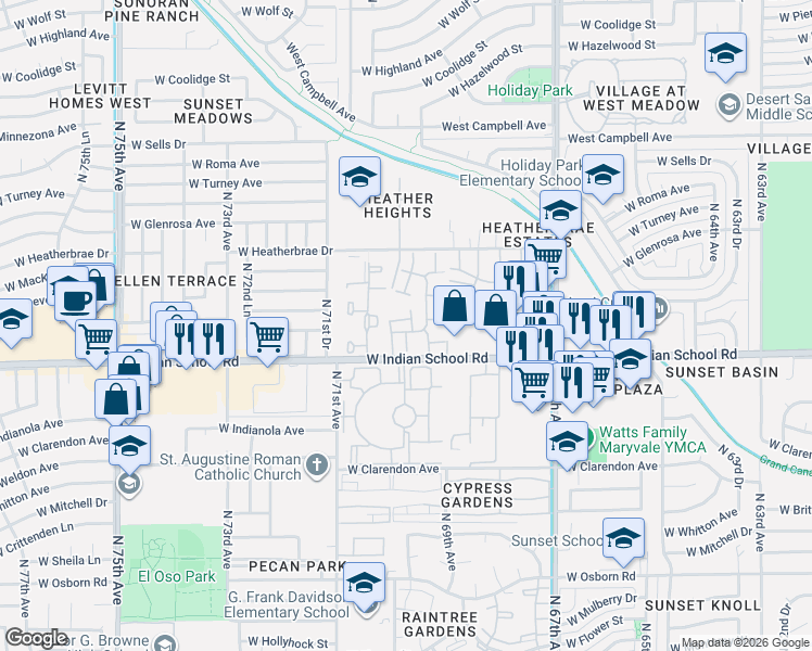 map of restaurants, bars, coffee shops, grocery stores, and more near 6935 West Devonshire Avenue in Phoenix