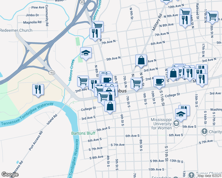 map of restaurants, bars, coffee shops, grocery stores, and more near 7 North 5th Street in Columbus