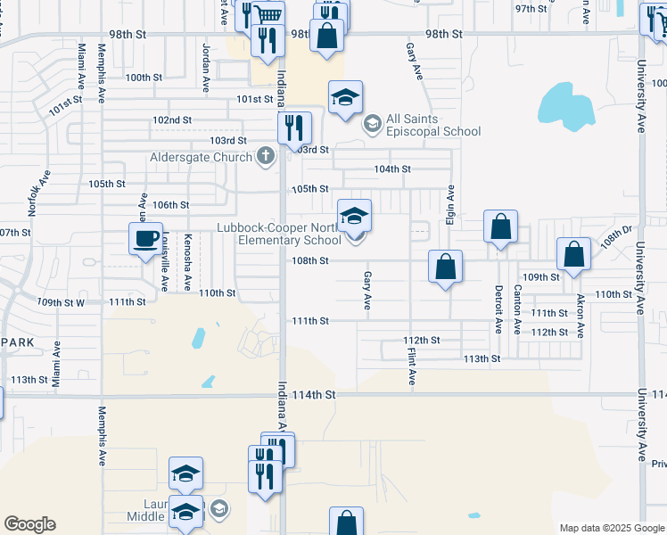 map of restaurants, bars, coffee shops, grocery stores, and more near 3202 108th Street in Lubbock