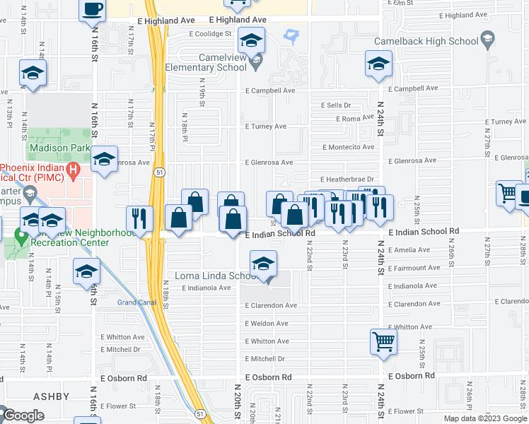 map of restaurants, bars, coffee shops, grocery stores, and more near 4144 North 21st Street in Phoenix