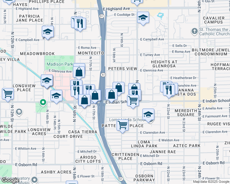 map of restaurants, bars, coffee shops, grocery stores, and more near 4127 North 18th Place in Phoenix