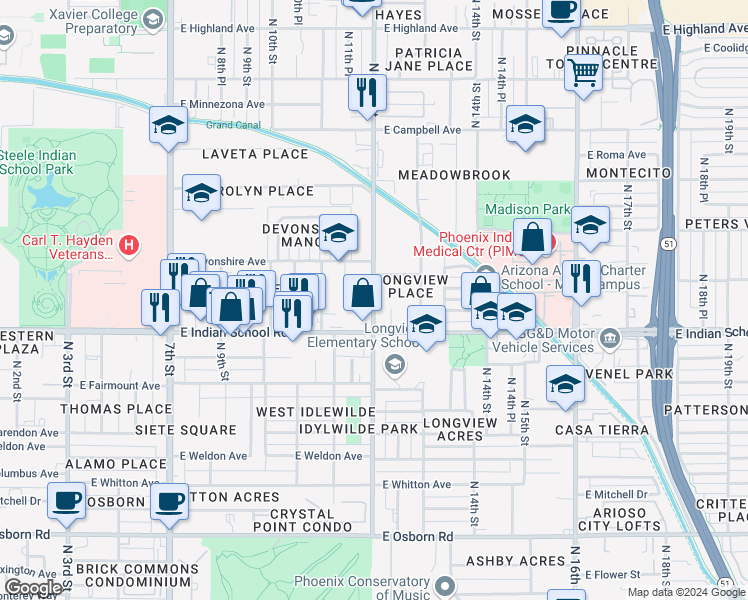 map of restaurants, bars, coffee shops, grocery stores, and more near 1205 East Devonshire Avenue in Phoenix