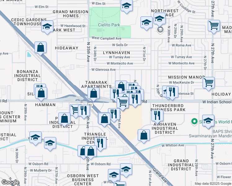 map of restaurants, bars, coffee shops, grocery stores, and more near 4139 North 33rd Drive in Phoenix