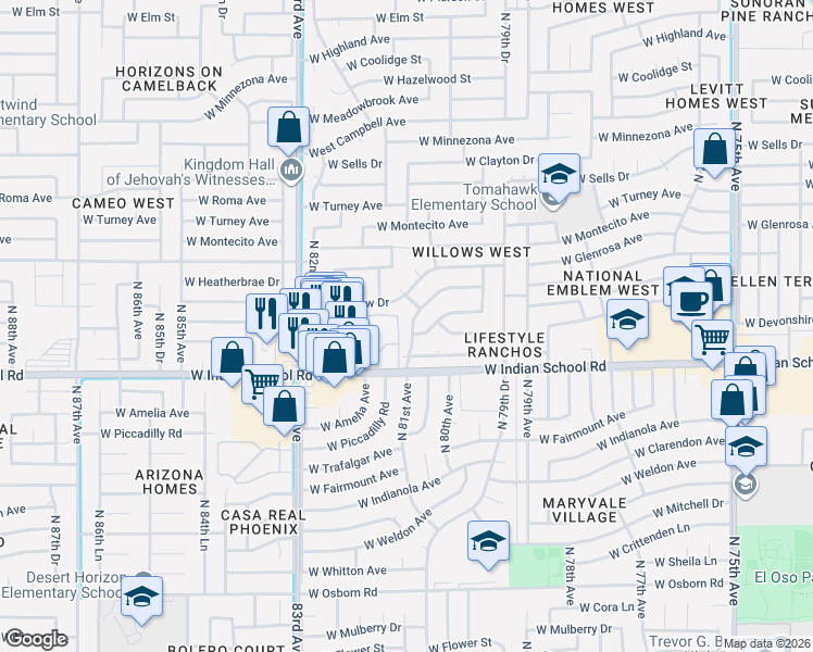 map of restaurants, bars, coffee shops, grocery stores, and more near 4160 North 81st Avenue in Phoenix
