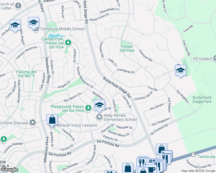 map of restaurants, bars, coffee shops, grocery stores, and more near 33067 Fox Road in Temecula