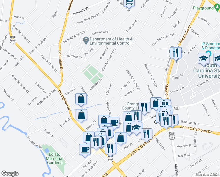 map of restaurants, bars, coffee shops, grocery stores, and more near 487-499 State Road S-38-131 in Orangeburg