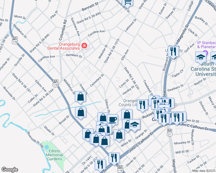map of restaurants, bars, coffee shops, grocery stores, and more near 487-499 State Road S-38-131 in Orangeburg