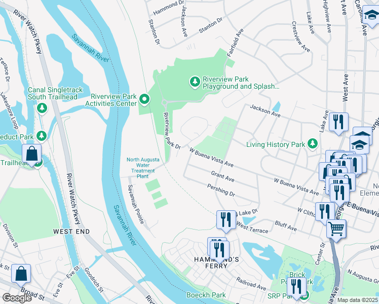 map of restaurants, bars, coffee shops, grocery stores, and more near 903 Georgetown Drive in North Augusta