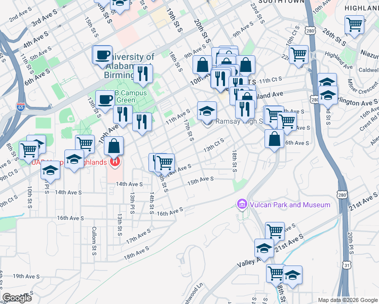 map of restaurants, bars, coffee shops, grocery stores, and more near 1220 17th Street South in Birmingham