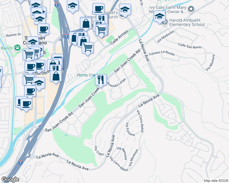 map of restaurants, bars, coffee shops, grocery stores, and more near 32146 Via Barrida in San Juan Capistrano