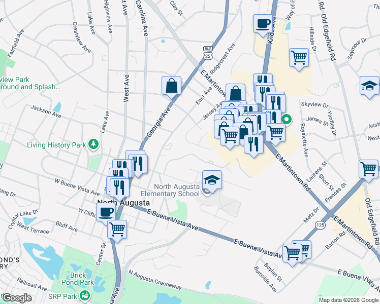 map of restaurants, bars, coffee shops, grocery stores, and more near 1202 Plaza Place in North Augusta