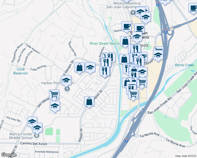 map of restaurants, bars, coffee shops, grocery stores, and more near 26412 Paseo Pamela in San Juan Capistrano