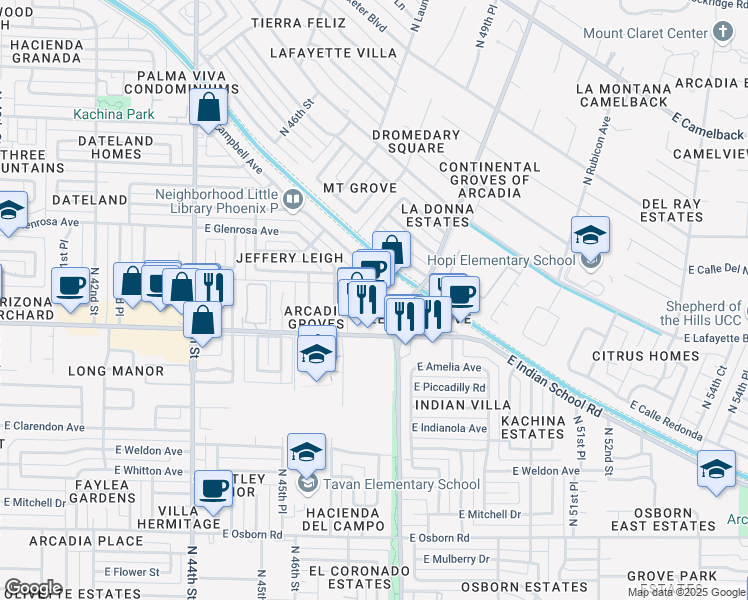 map of restaurants, bars, coffee shops, grocery stores, and more near 4749 East Montecito Avenue in Phoenix